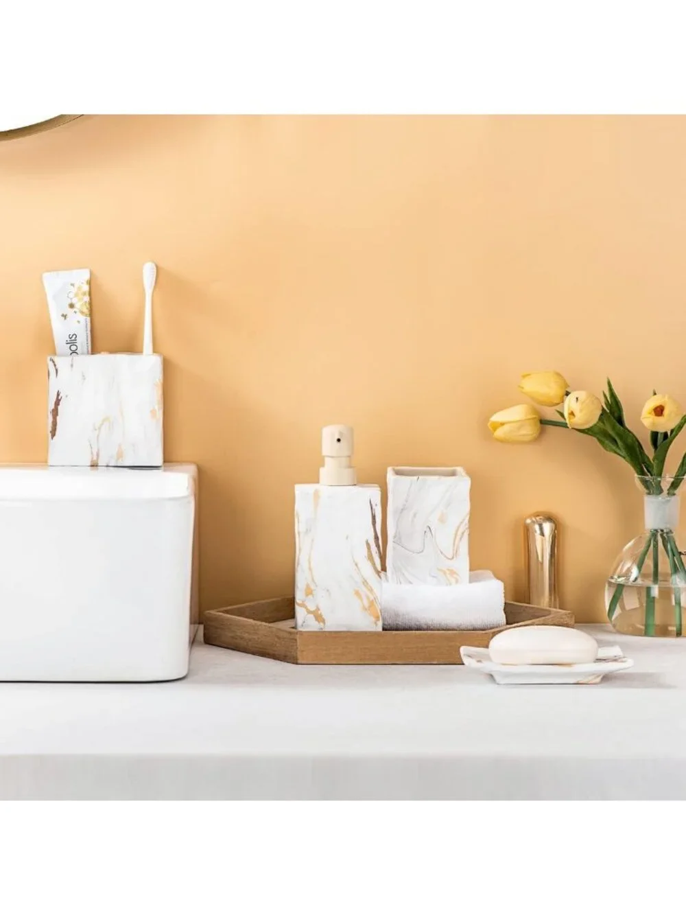 Elegant Marble Bathroom Accessories Set - 4-Piece Ceramic Decor with Gold